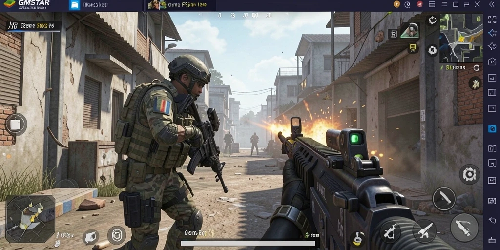 Tangkapan layar GMSTAR menunjukkan aksi dinamis dalam pertempuran FPS.