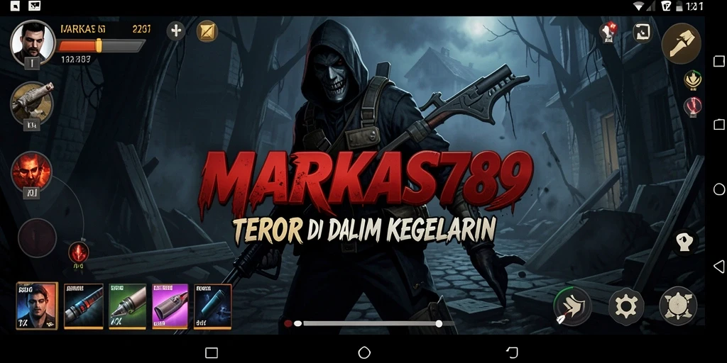 Screenshot gameplay MARKAS789 menampilkan suasana gelap dan menyeramkan.