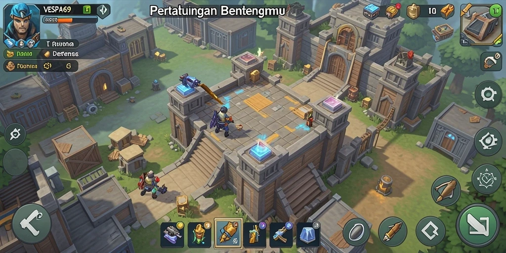 Gameplay seru VESPA69 saat menara melawan gelombang musuh.